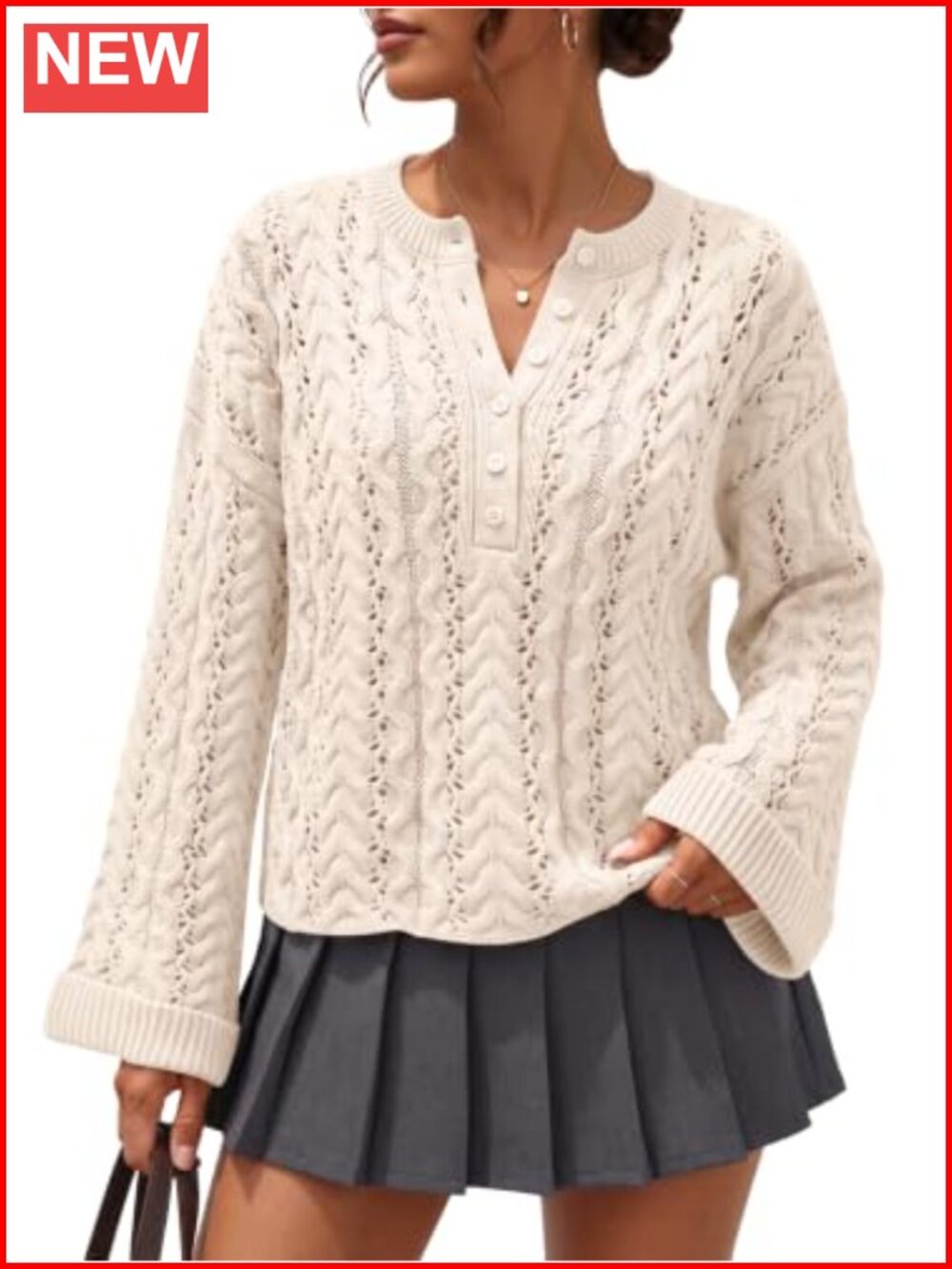Womens Henley Cable Knit Cropped Sweater Cotton Blend Pullover
